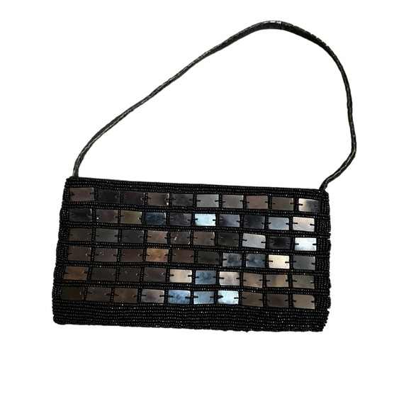Vintage elegant mother of Pearl squares black evening bag purse beaded handbag - Picture 6 of 9